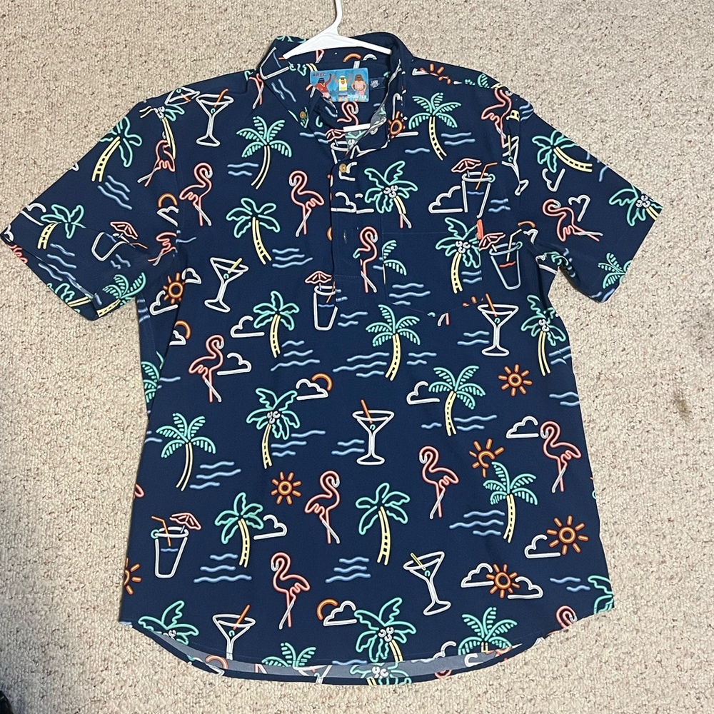 Tropical Neon Print Polo Shirt - Navy